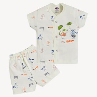 Front Open Half Sleeve Cotton Baby Suit with Cartoon Print