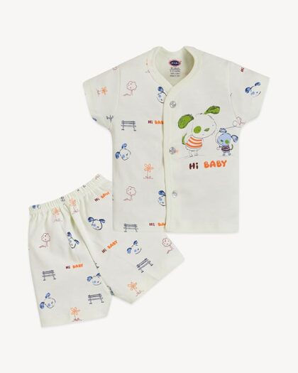 Front Open Half Sleeve Cotton Baby Suit with Cartoon Print