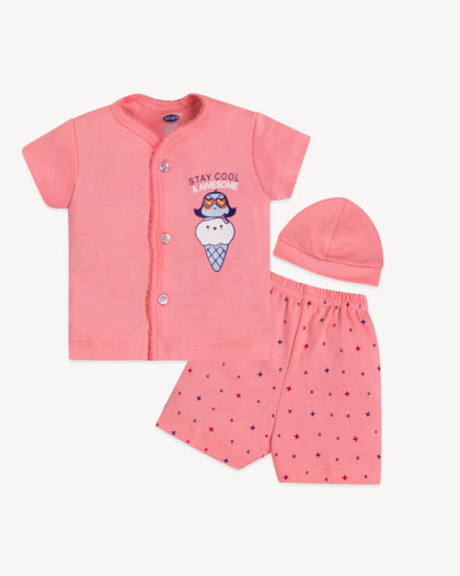Ice Cream Print Baby Cotton Suit – Front Open with Cap
