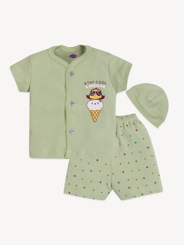 Ice Cream Print Baby Cotton Suit – Front Open with Cap - Image 4