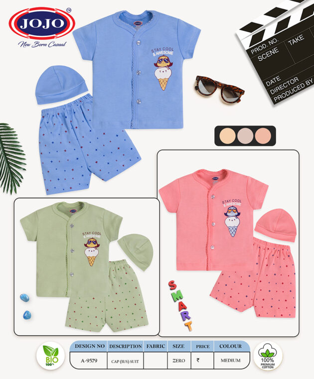 Ice Cream Print Baby Cotton Suit – Front Open with Cap - Image 5