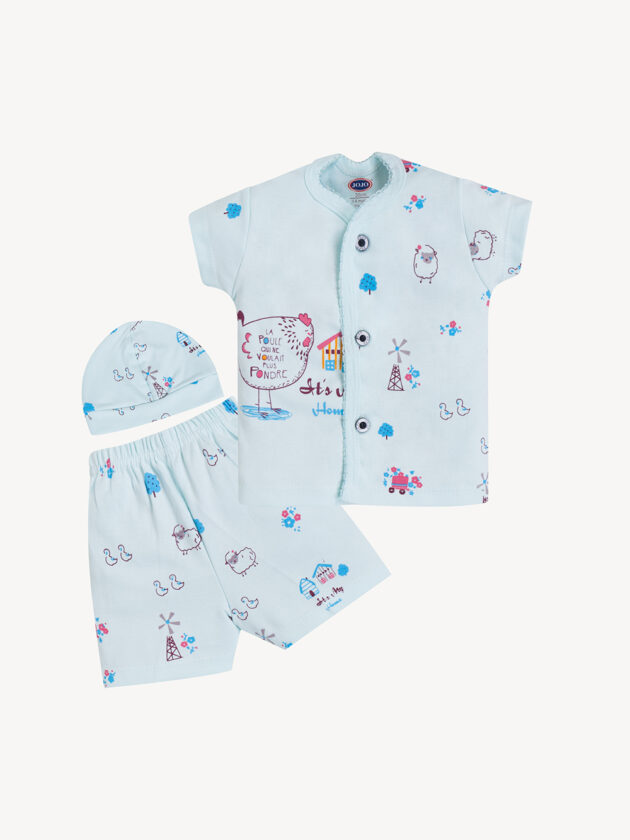 Village Theme Baby Cotton Suit with Cap – Shirt & Shorts 3-Piece Set - Image 2