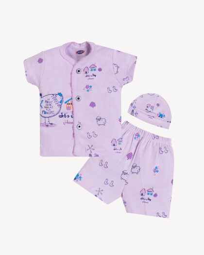 Village Theme Baby Cotton Suit with Cap – Shirt & Shorts 3-Piece Set