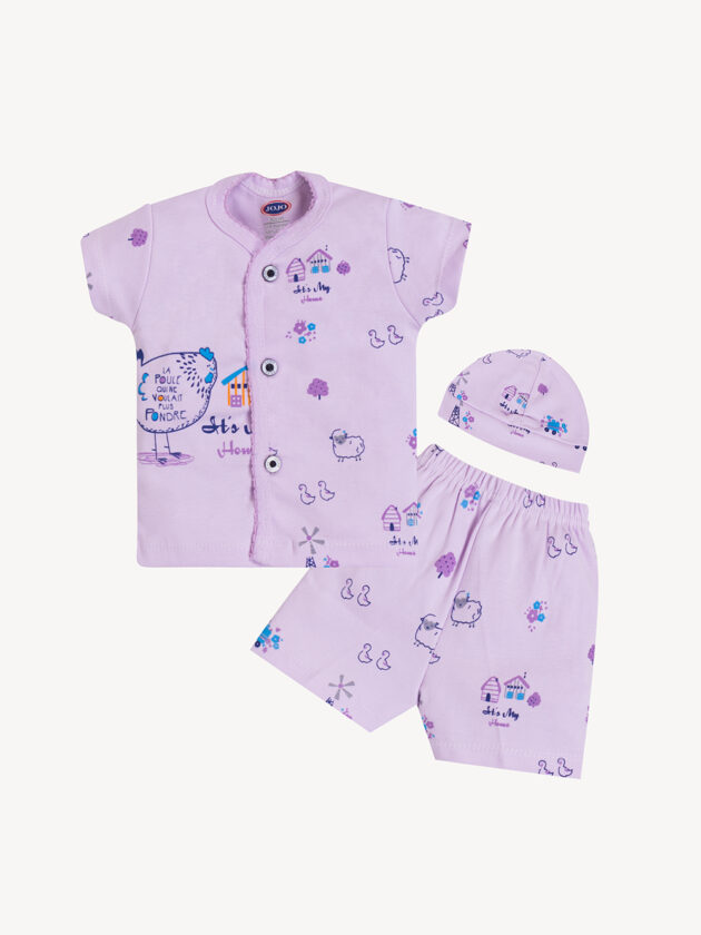 Village Theme Baby Cotton Suit with Cap – Shirt & Shorts 3-Piece Set