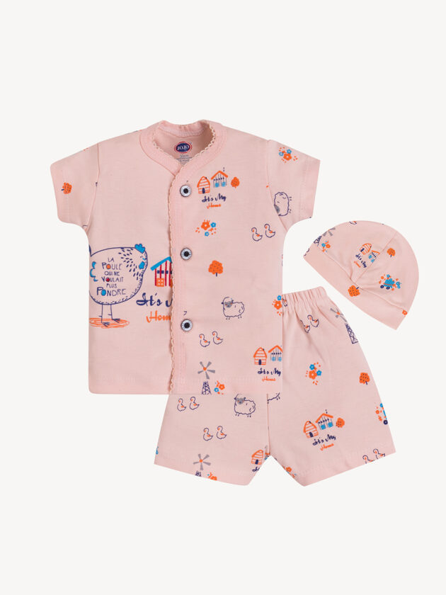 Village Theme Baby Cotton Suit with Cap – Shirt & Shorts 3-Piece Set - Image 4