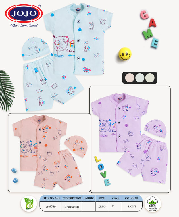 Village Theme Baby Cotton Suit with Cap – Shirt & Shorts 3-Piece Set - Image 5
