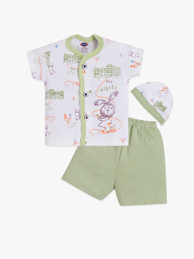 My Plants Bunny Print Baby Cotton Set – Front Open Shirt, Shorts & Cap - Image 2