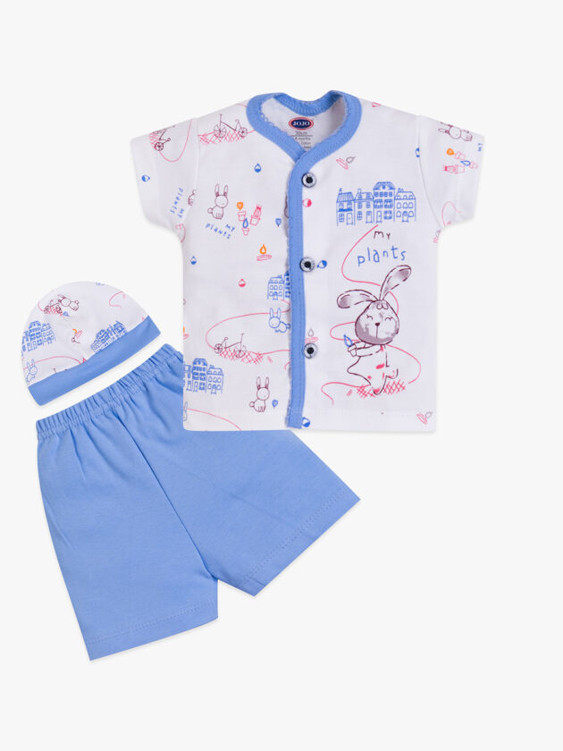 My Plants Bunny Print Baby Cotton Set – Front Open Shirt, Shorts & Cap - Image 3