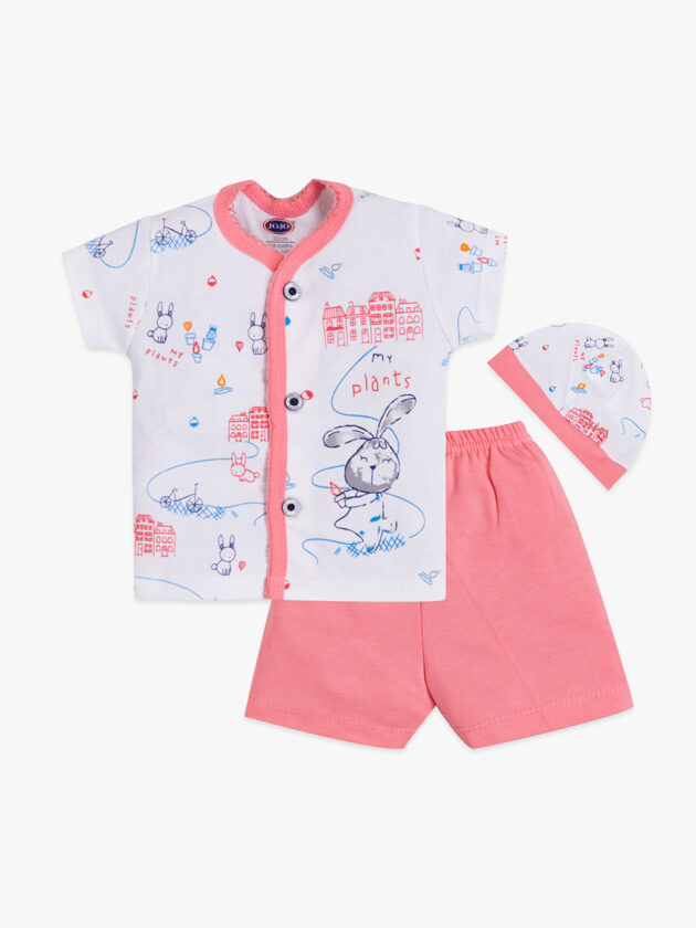 My Plants Bunny Print Baby Cotton Set – Front Open Shirt, Shorts & Cap
