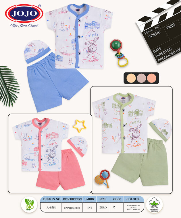 My Plants Bunny Print Baby Cotton Set – Front Open Shirt, Shorts & Cap - Image 5