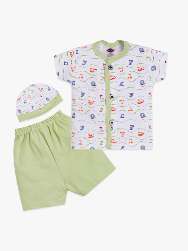 Playful Cartoon Baby Cotton Set – Shirt, Solid Shorts & Cap - Image 2