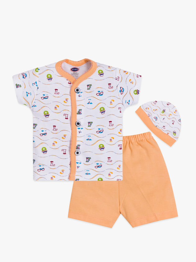 Playful Cartoon Baby Cotton Set – Shirt, Solid Shorts & Cap - Image 3