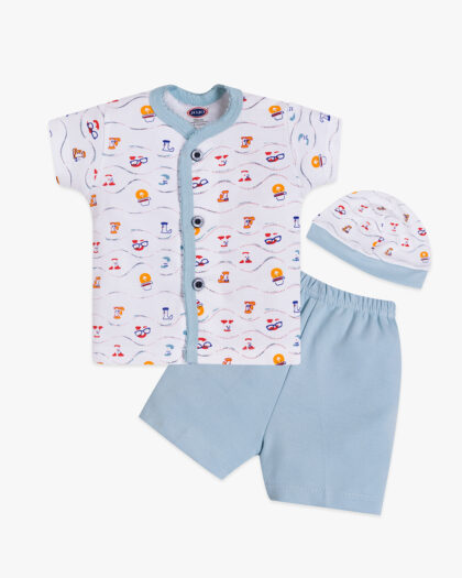 Playful Cartoon Baby Cotton Set – Shirt, Solid Shorts & Cap