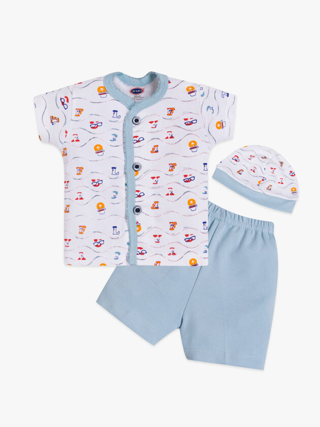 Playful Cartoon Baby Cotton Set – Shirt, Solid Shorts & Cap
