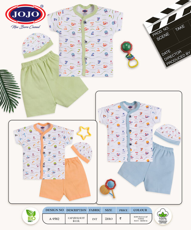 Playful Cartoon Baby Cotton Set – Shirt, Solid Shorts & Cap - Image 5