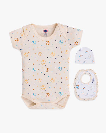 Newborn Baby Cotton Romper Set – Bodysuit with Cap & Bib