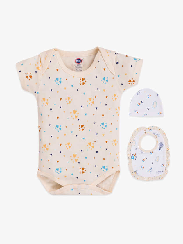 Newborn Baby Cotton Romper Set – Bodysuit with Cap & Bib